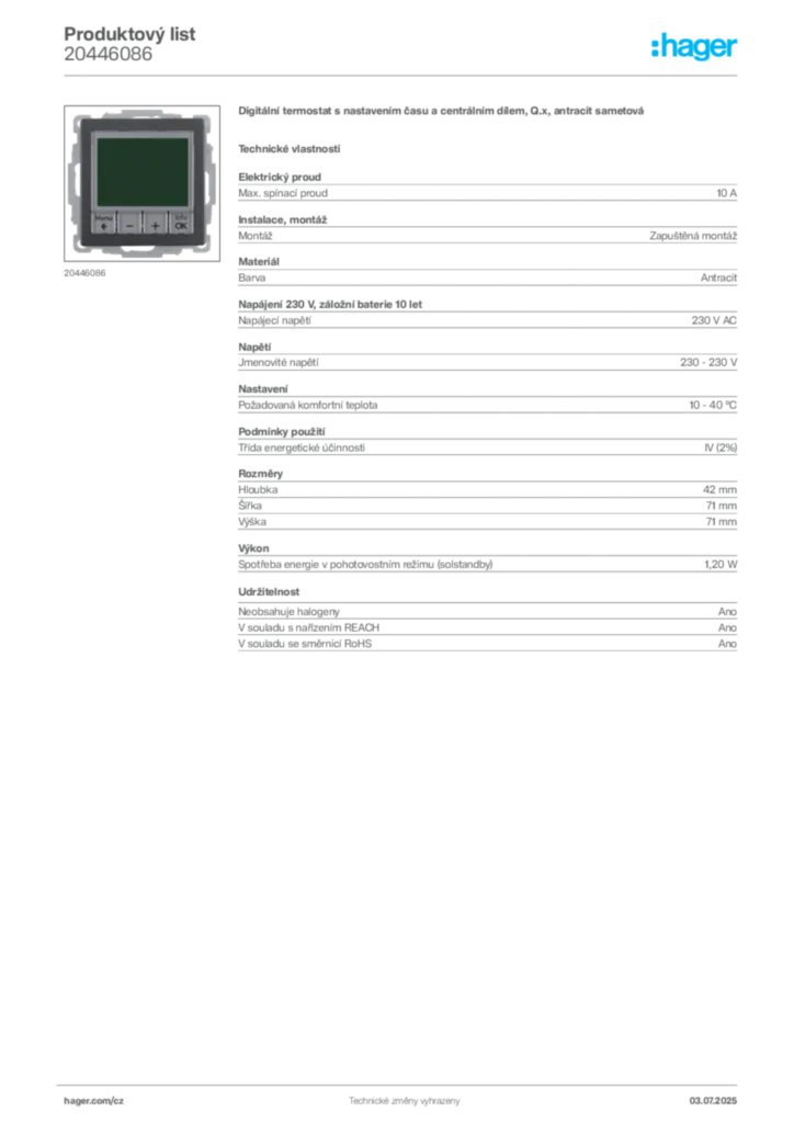 Obrázek Hager Produktový list 20446086 | Hager