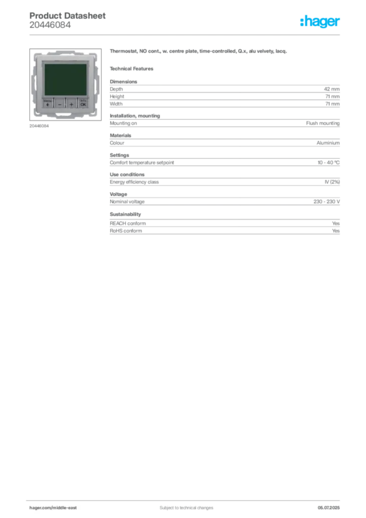 Image Hager Product data sheet 20446084  | Hager