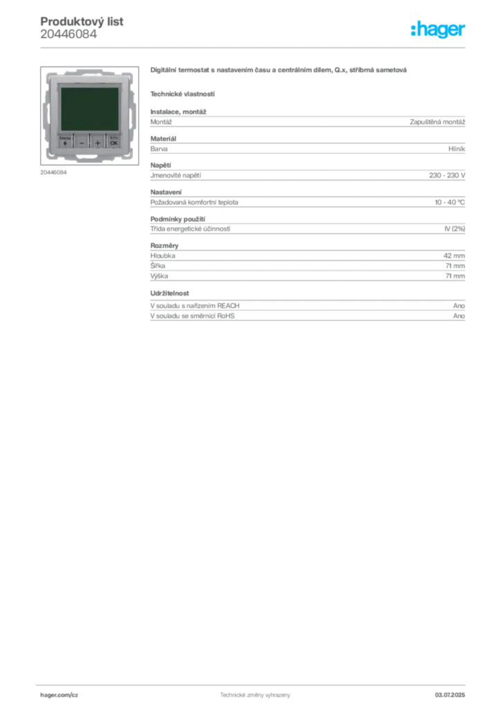 Obrázek Hager Produktový list 20446084 | Hager