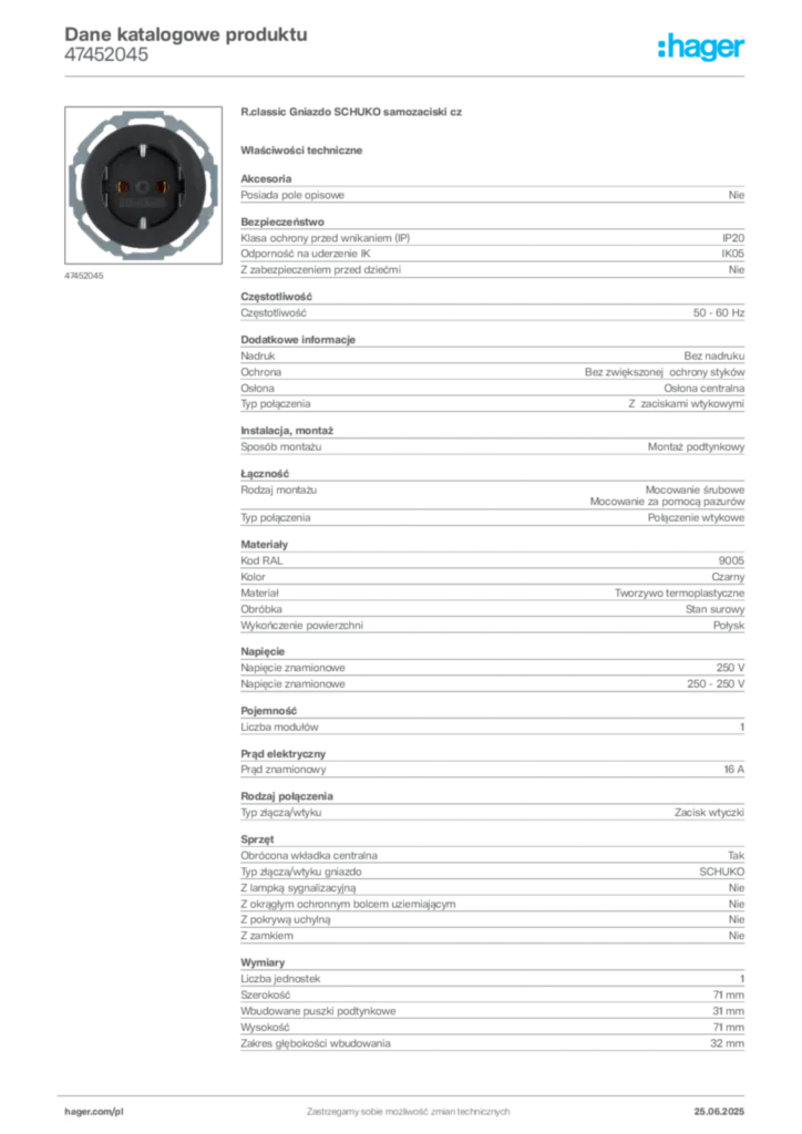 Zdjęcie Hager Dane katalogowe produktu 47452045 | Hager Polska