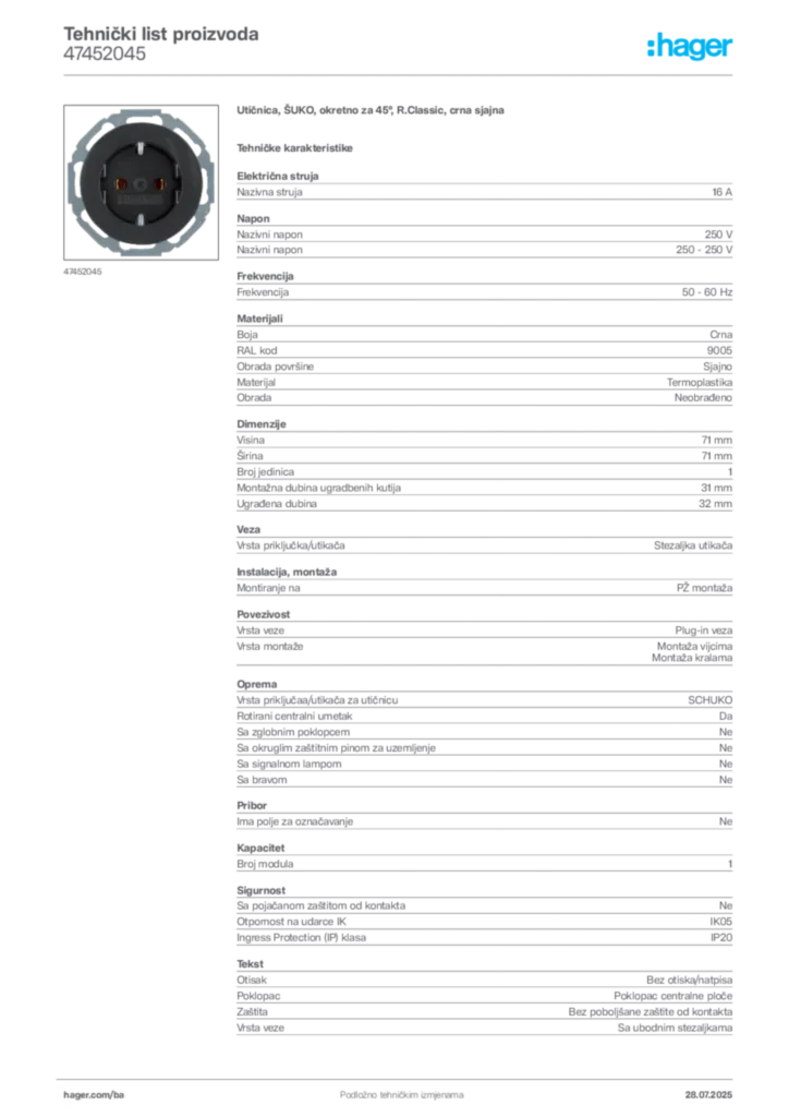 Slika Hager Product data sheet 47452045  | Hager