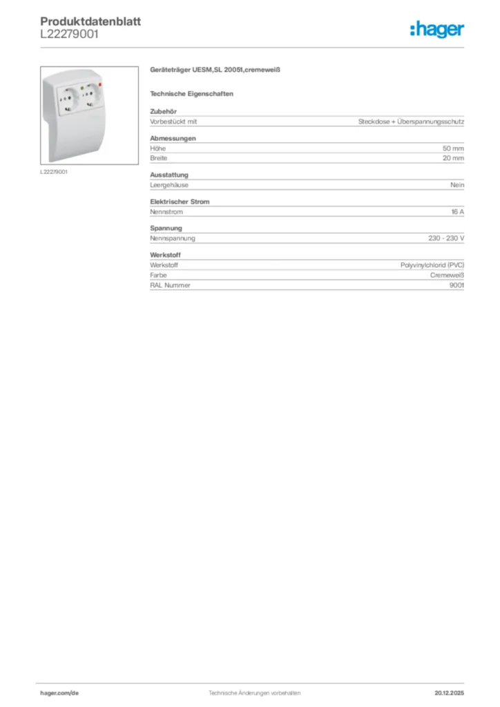 Bild Hager Produktdatenblatt L22279001 | Hager Deutschland