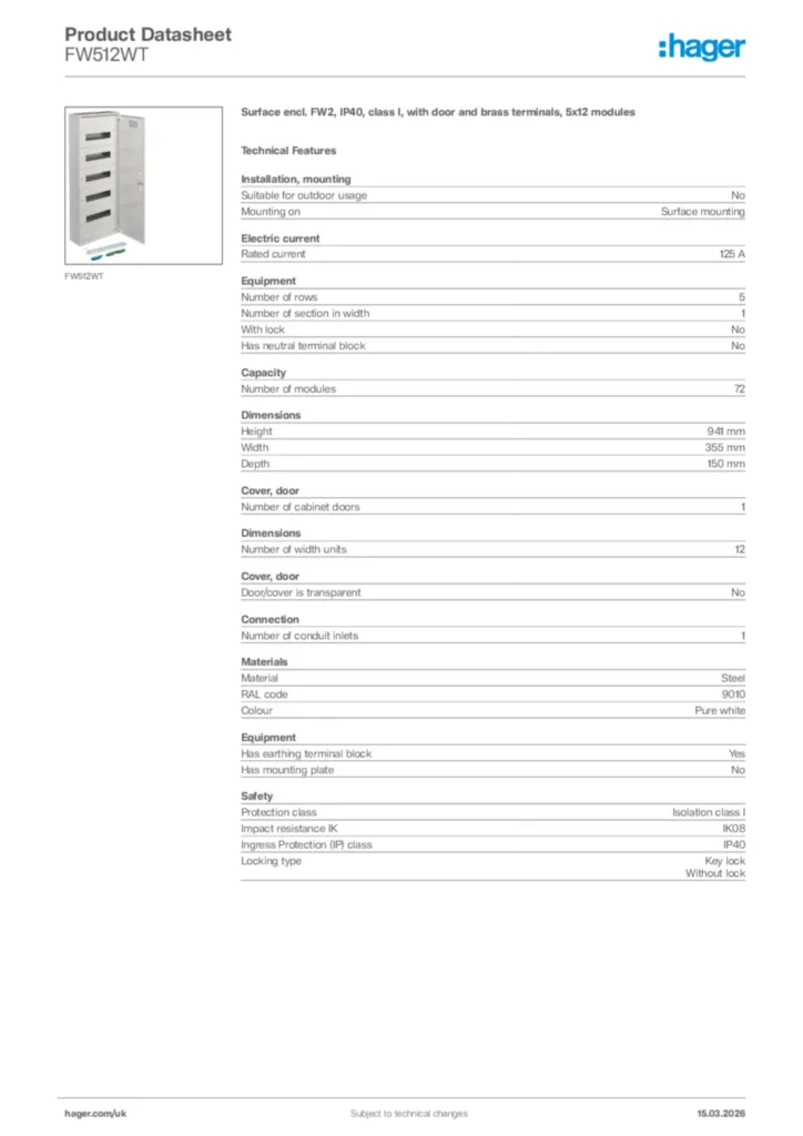 Image Hager Product data sheet FW512WT  | Hager