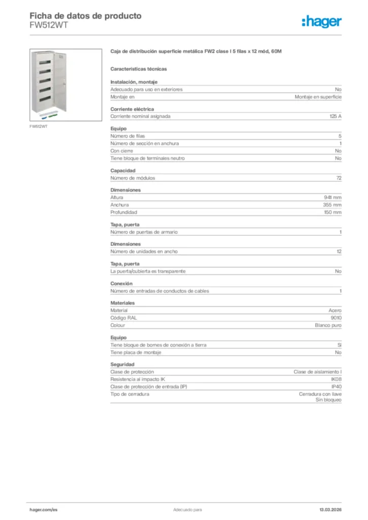 Imagen Hager Ficha de datos de producto FW512WT | Hager España
