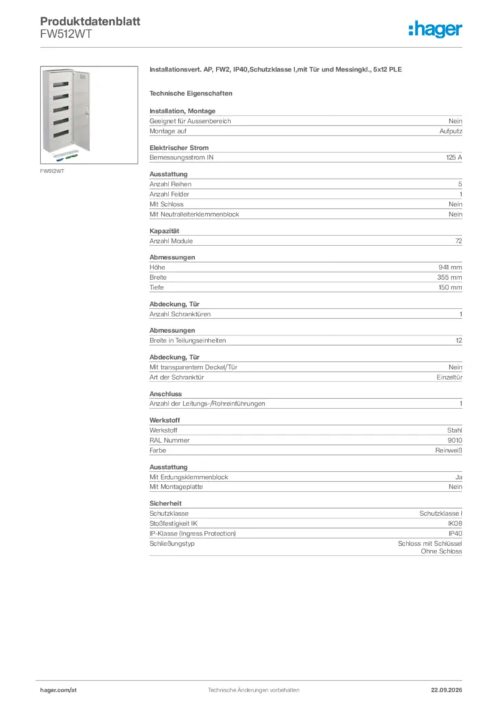 Bild Hager Produktdatenblatt FW512WT | Hager Deutschland