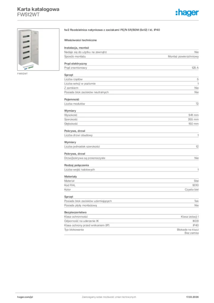 Zdjęcie Hager Karta katalogowa FW512WT | Hager Polska