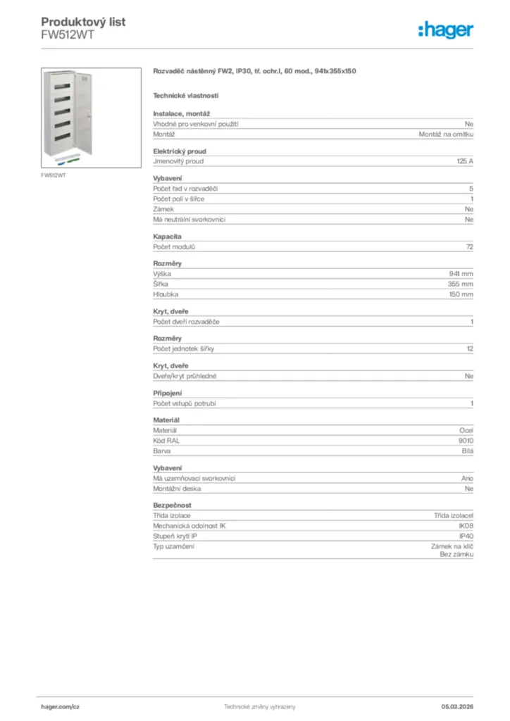 Obrázek Hager Product data sheet FW512WT | Hager