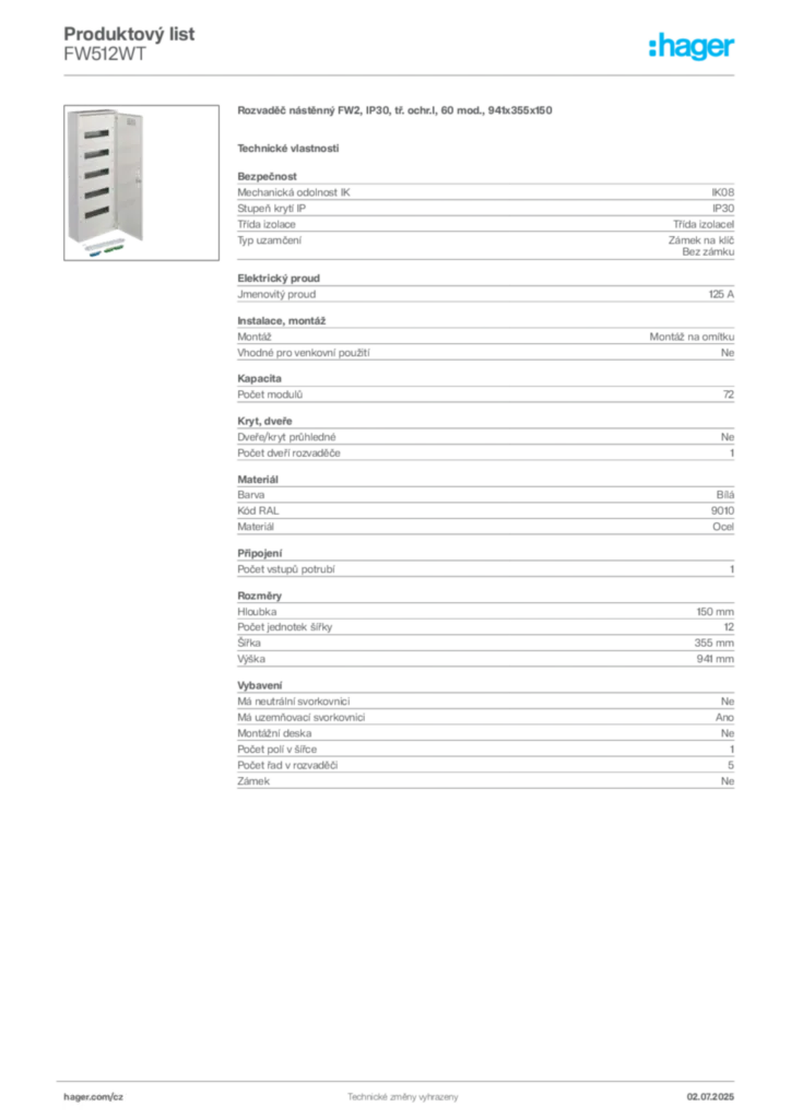 Obrázek Hager Produktový list FW512WT | Hager