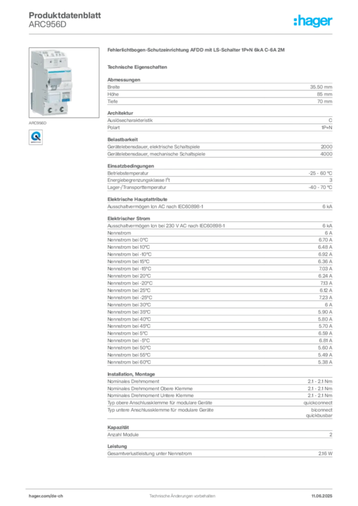 Bild Hager Produktdatenblatt ARC956D | Hager Schweiz