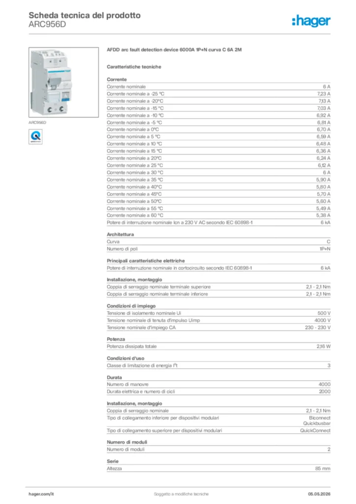 Immagine Hager Scheda tecnica del prodotto ARC956D | Hager Italia