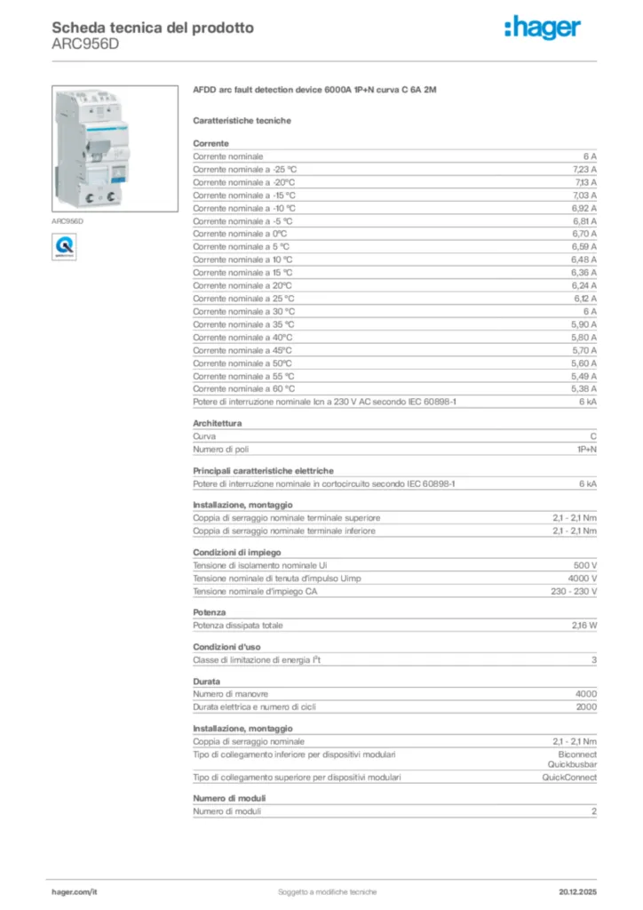 Immagine Hager Scheda tecnica del prodotto ARC956D | Hager Italia
