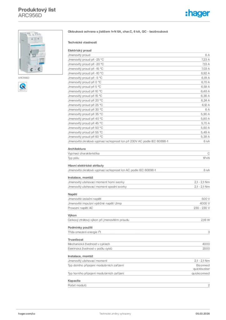Obrázek Hager Product data sheet ARC956D | Hager