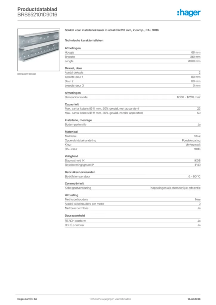 Afbeelding Hager Productdatablad BRS652101D9016 | Hager Belgium