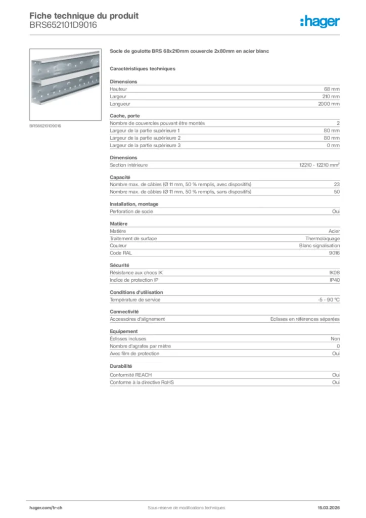 Image Hager Fiche technique du produit BRS652101D9016 | Hager Suisse