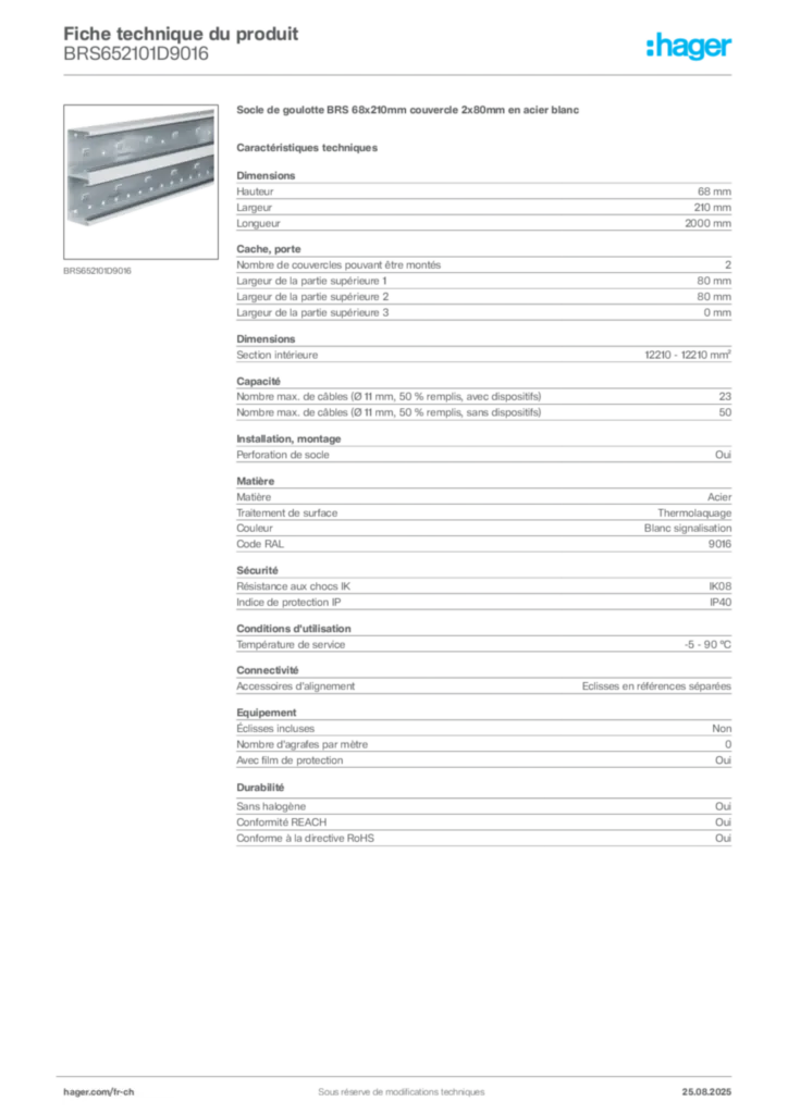 Image Hager Fiche technique du produit BRS652101D9016 | Hager Suisse