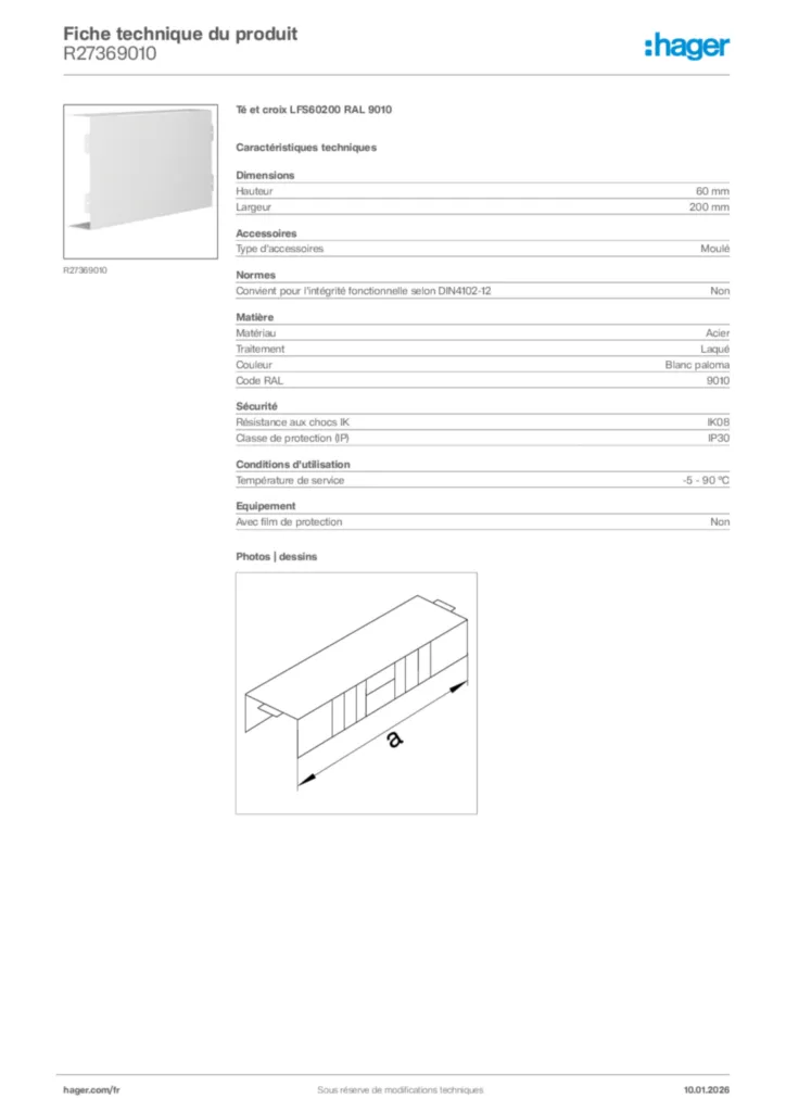 Image Hager Fiche technique du produit R27369010 | Hager France