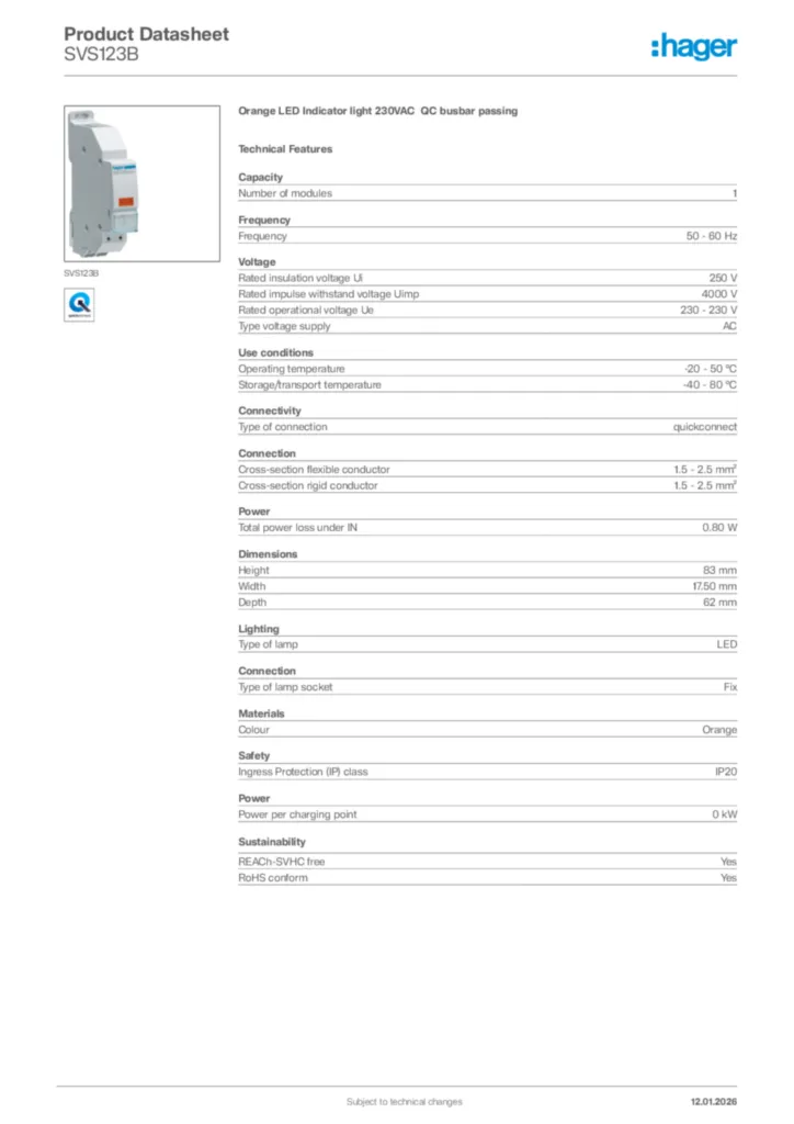 Image Hager Product data sheet SVS123B  | Hager Africa