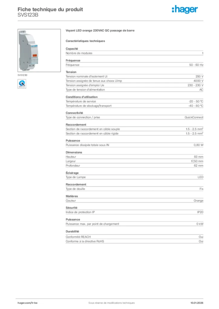 Image Hager Fiche technique du produit SVS123B | Hager Belgique