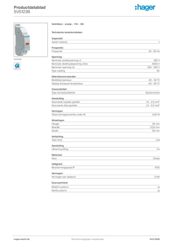 Afbeelding Hager Productdatablad SVS123B | Hager Belgium