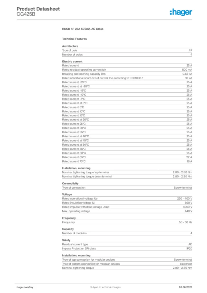 Image Hager Product data sheet CG425B  | Hager