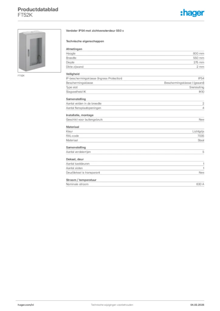 Afbeelding Hager Productdatablad FT52K | Hager Nederland