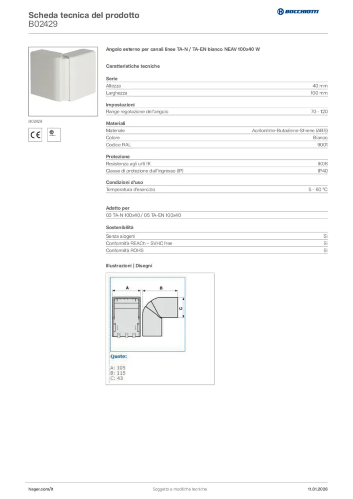 Immagine Bocchiotti Scheda tecnica del prodotto B02429 | Hager Italia
