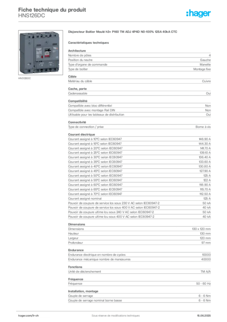 Image Hager Fiche technique du produit HNS126DC | Hager Suisse