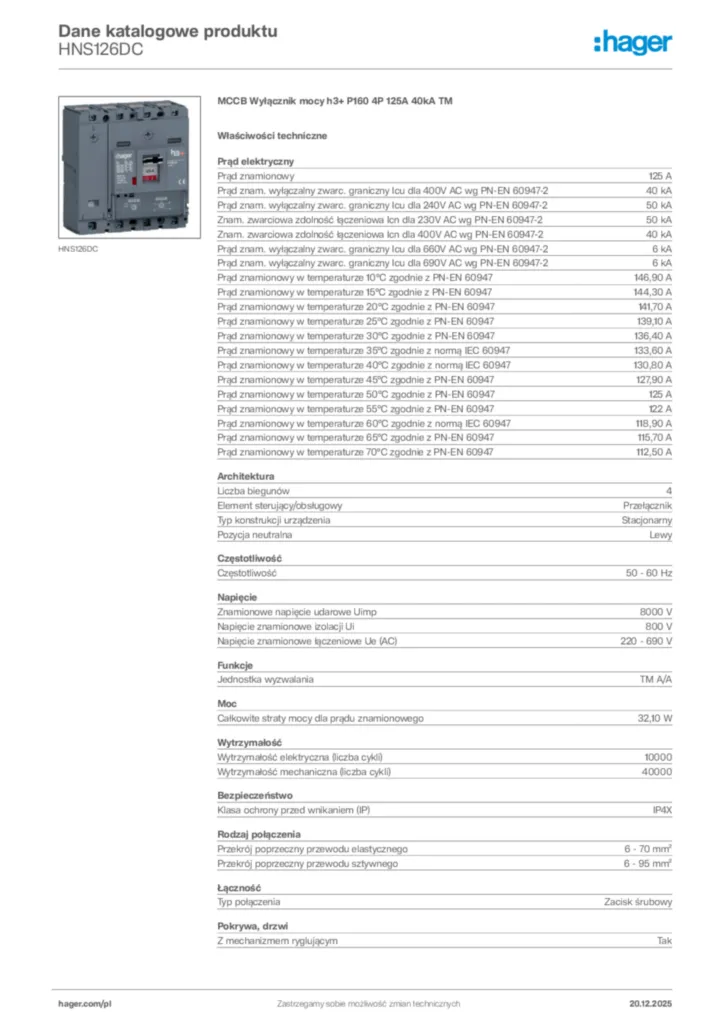 Zdjęcie Hager Dane katalogowe produktu HNS126DC | Hager Polska