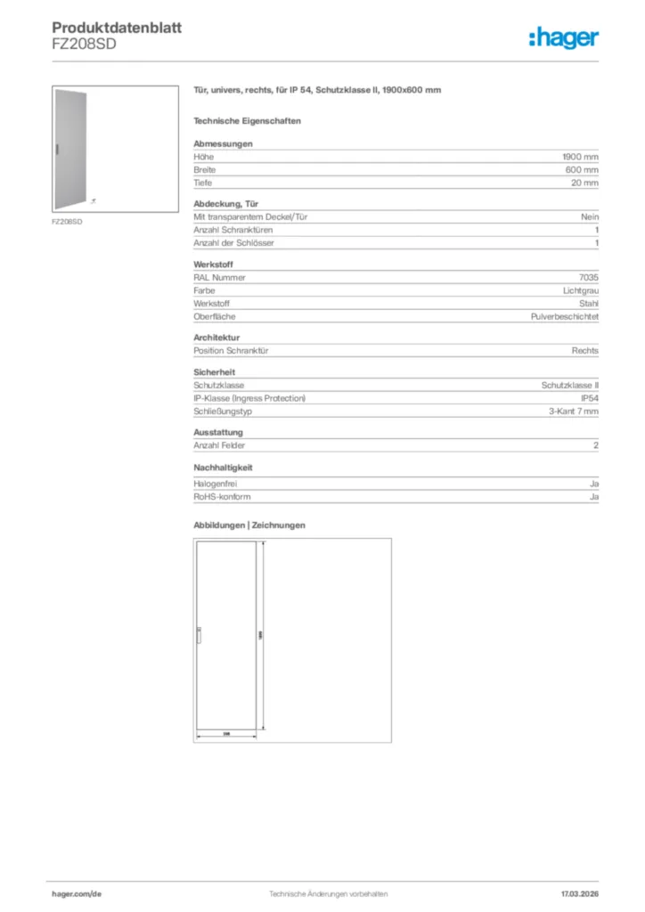 Bild Hager Produktdatenblatt FZ208SD | Hager Deutschland