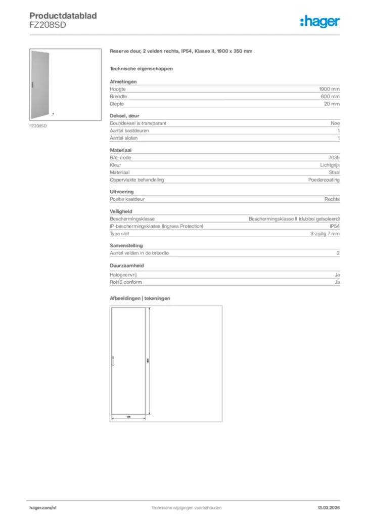 Afbeelding Hager Productdatablad FZ208SD | Hager Nederland