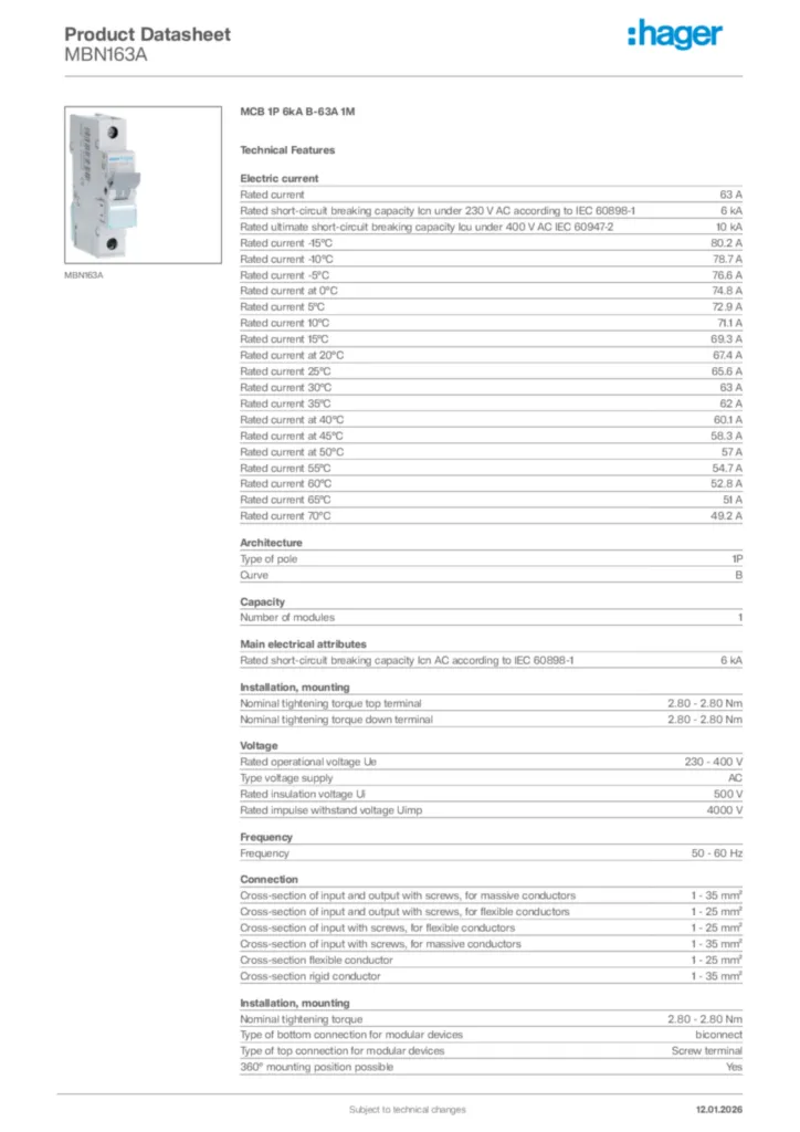 Image Hager Product data sheet MBN163A  | Hager Africa