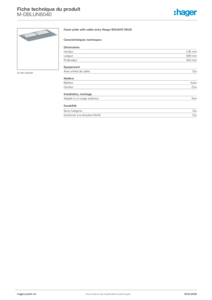 Image Hager Fiche technique du produit M-DBLUN6040 | Hager Suisse