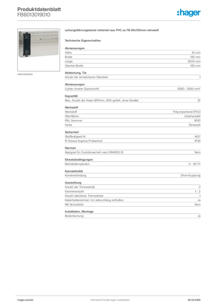 Bild Hager Produktdatenblatt FB6013019010 | Hager Deutschland