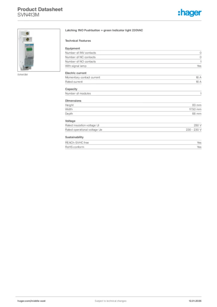 Image Hager Product data sheet SVN413M  | Hager
