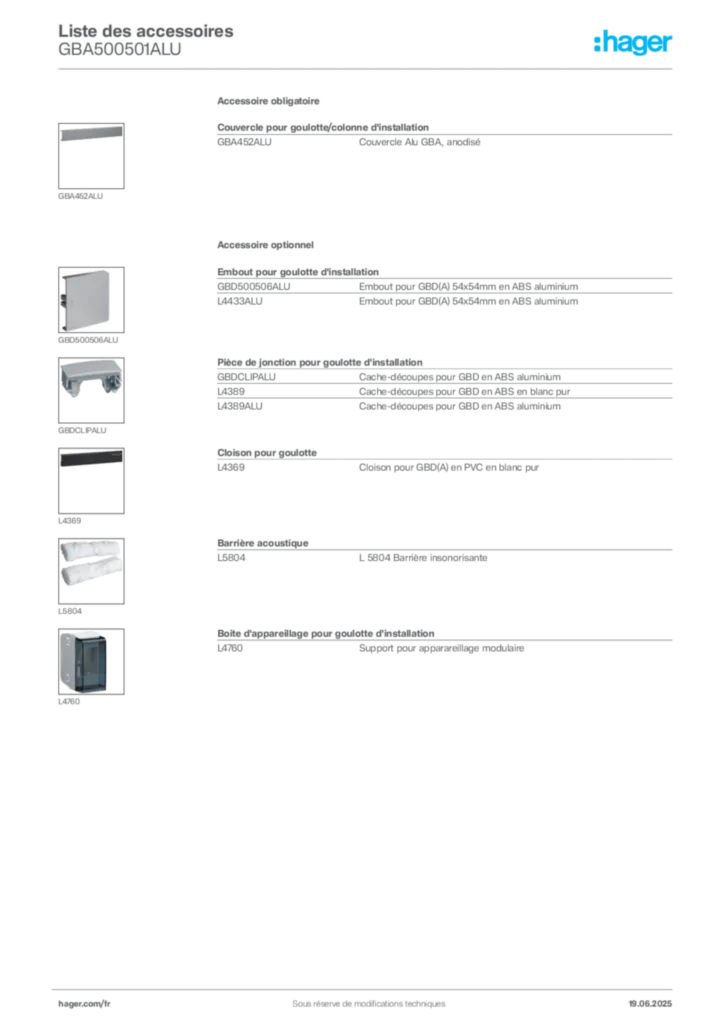 Image Hager Fiche technique du produit GBA500501ALU | Hager France