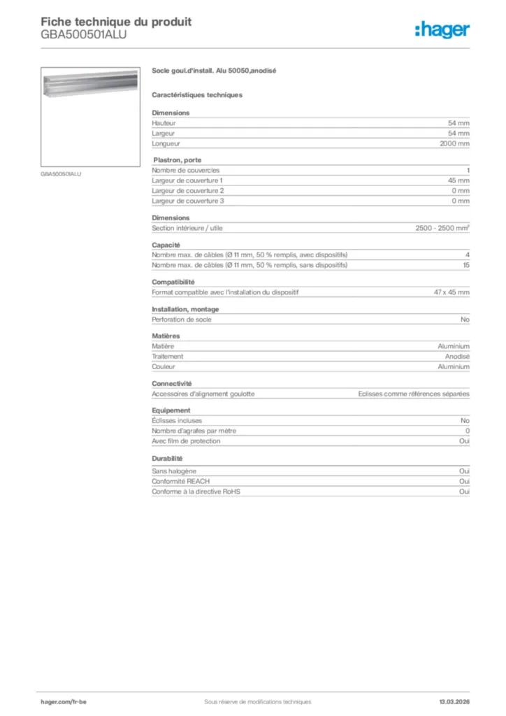Image Hager Fiche technique du produit GBA500501ALU | Hager Belgique