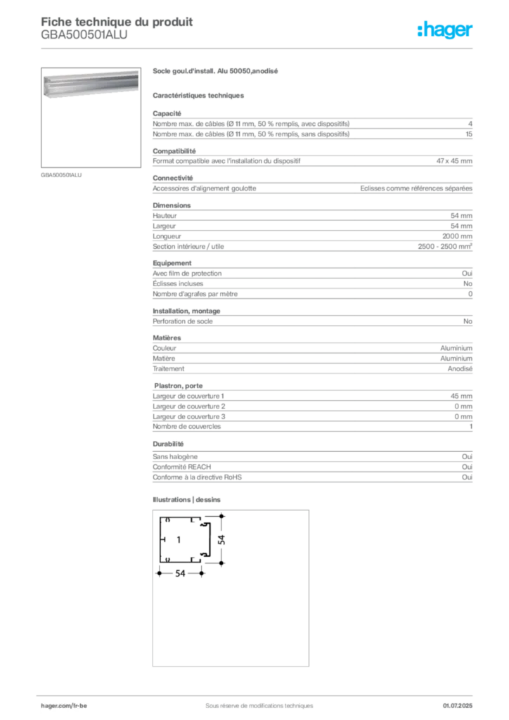 Image Hager Fiche technique du produit GBA500501ALU | Hager Belgique