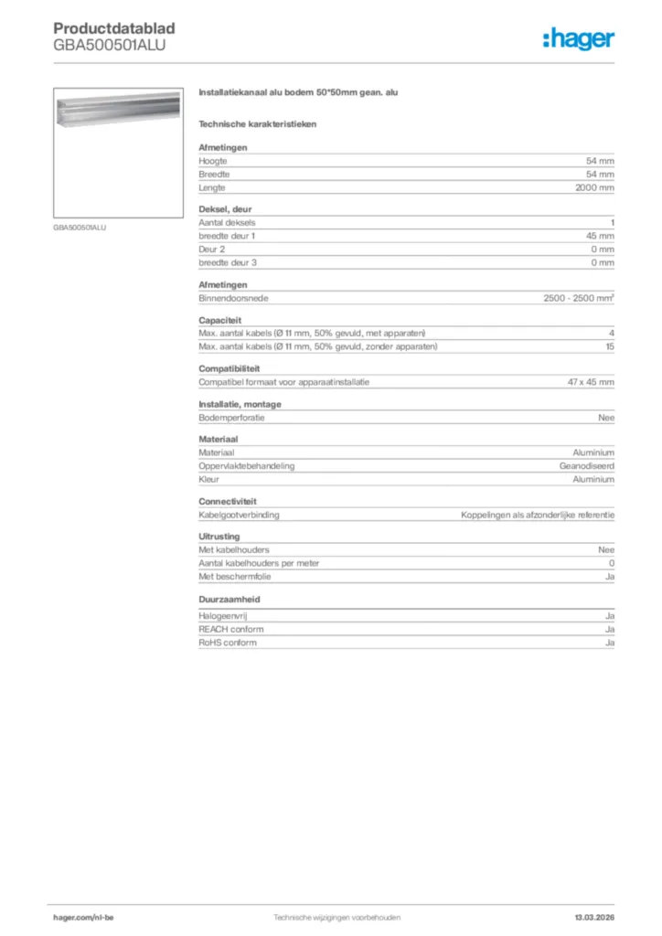 Afbeelding Hager Productdatablad GBA500501ALU | Hager Belgium