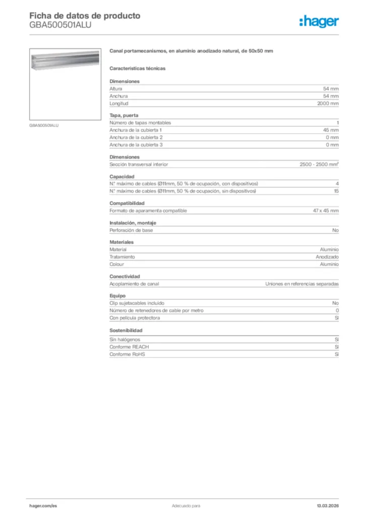 Imagen Hager Ficha de datos de producto GBA500501ALU | Hager España