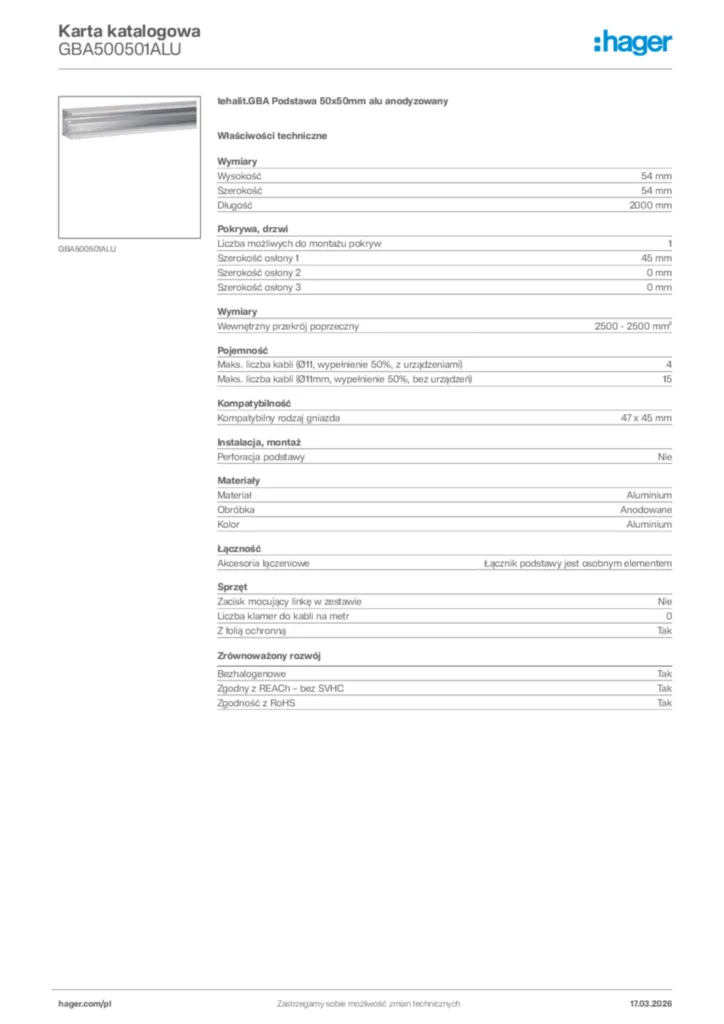 Zdjęcie Hager Karta katalogowa GBA500501ALU | Hager Polska