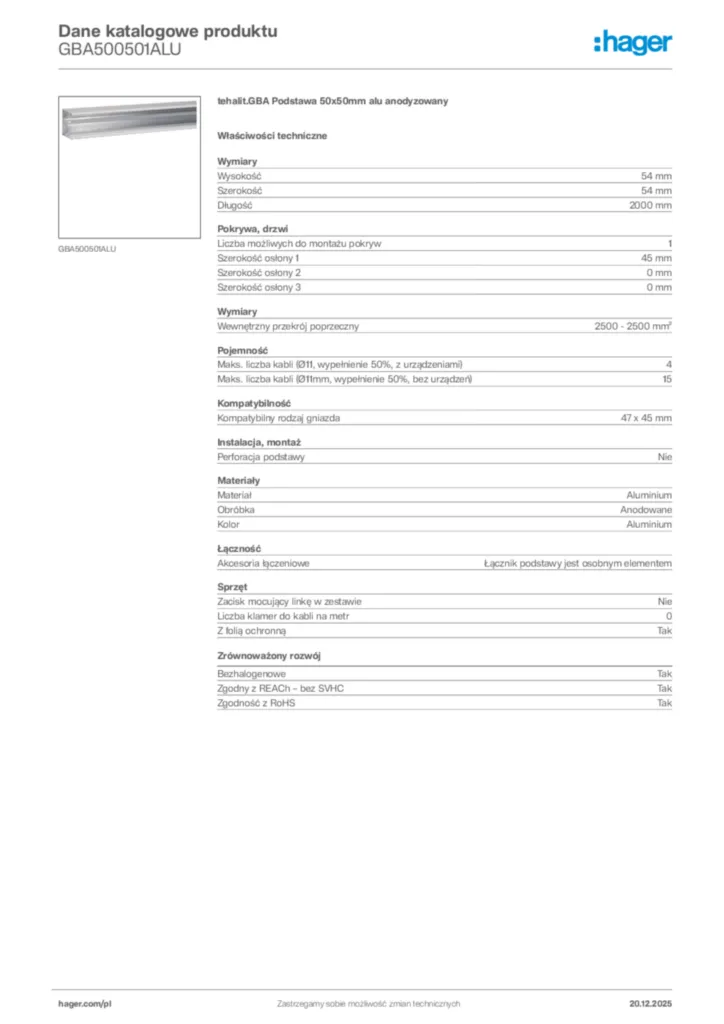 Zdjęcie Hager Dane katalogowe produktu GBA500501ALU | Hager Polska