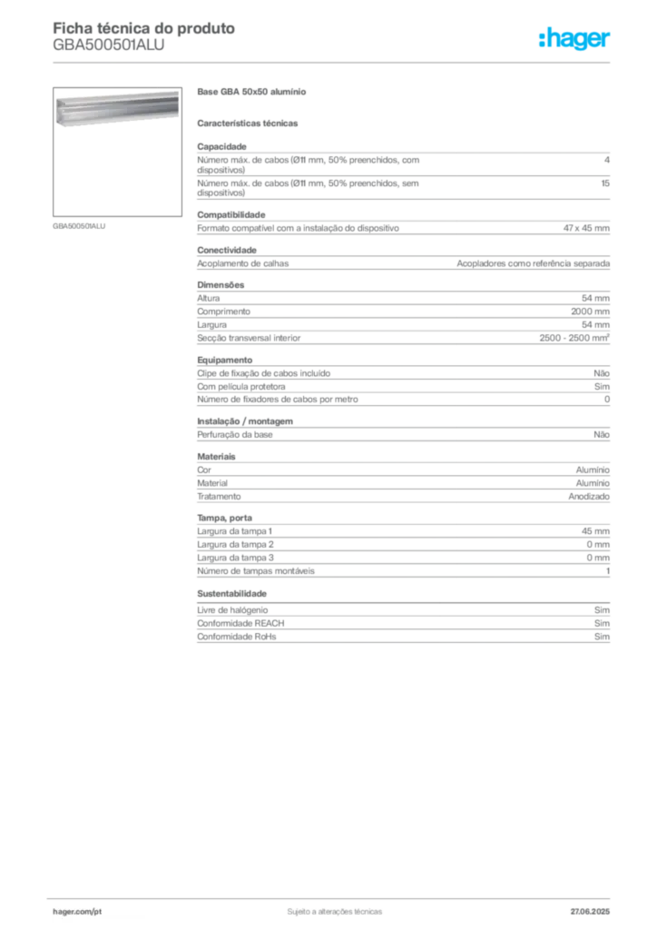 Imagem Hager Ficha técnica do produto GBA500501ALU | Hager Portugal