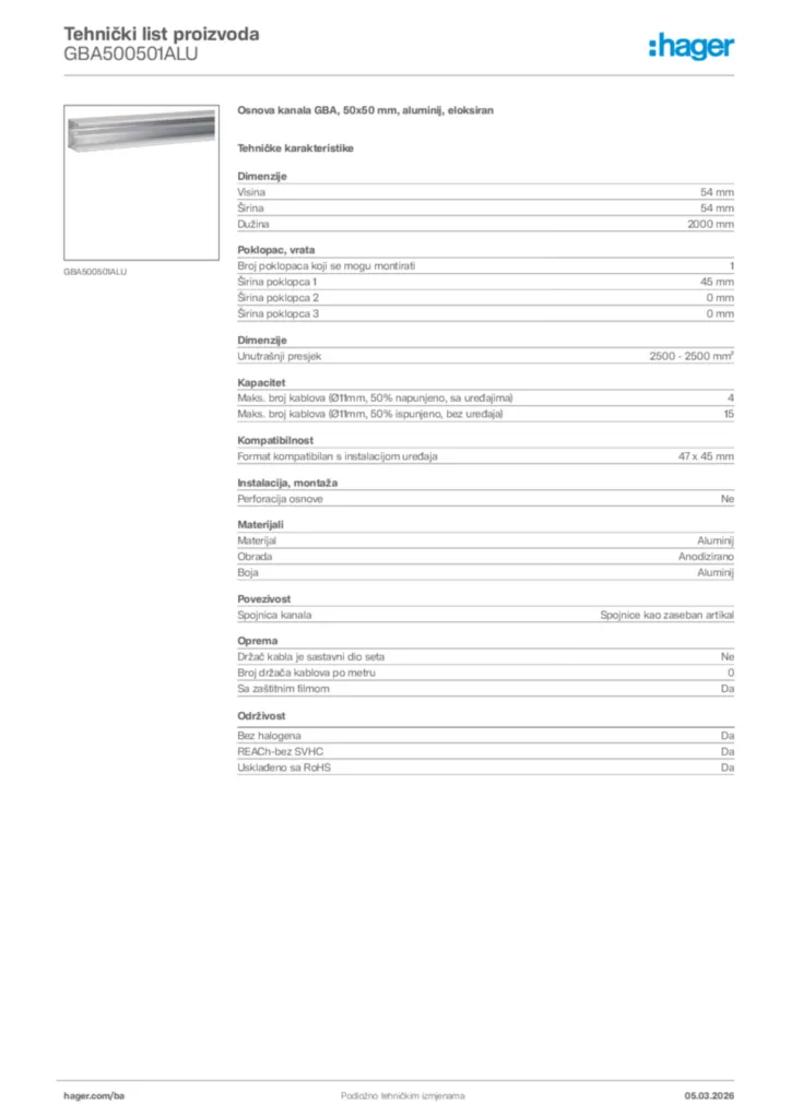 Slika Hager Tehnički list proizvoda GBA500501ALU  | Hager