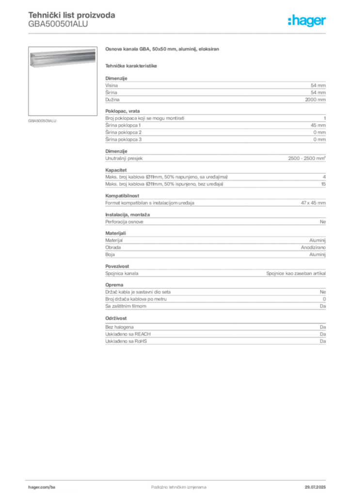 Slika Hager Product data sheet GBA500501ALU  | Hager