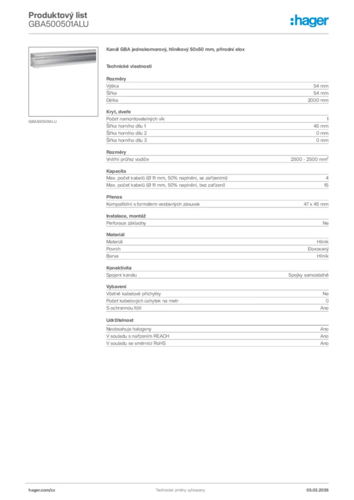 Obrázek Hager Product data sheet GBA500501ALU | Hager