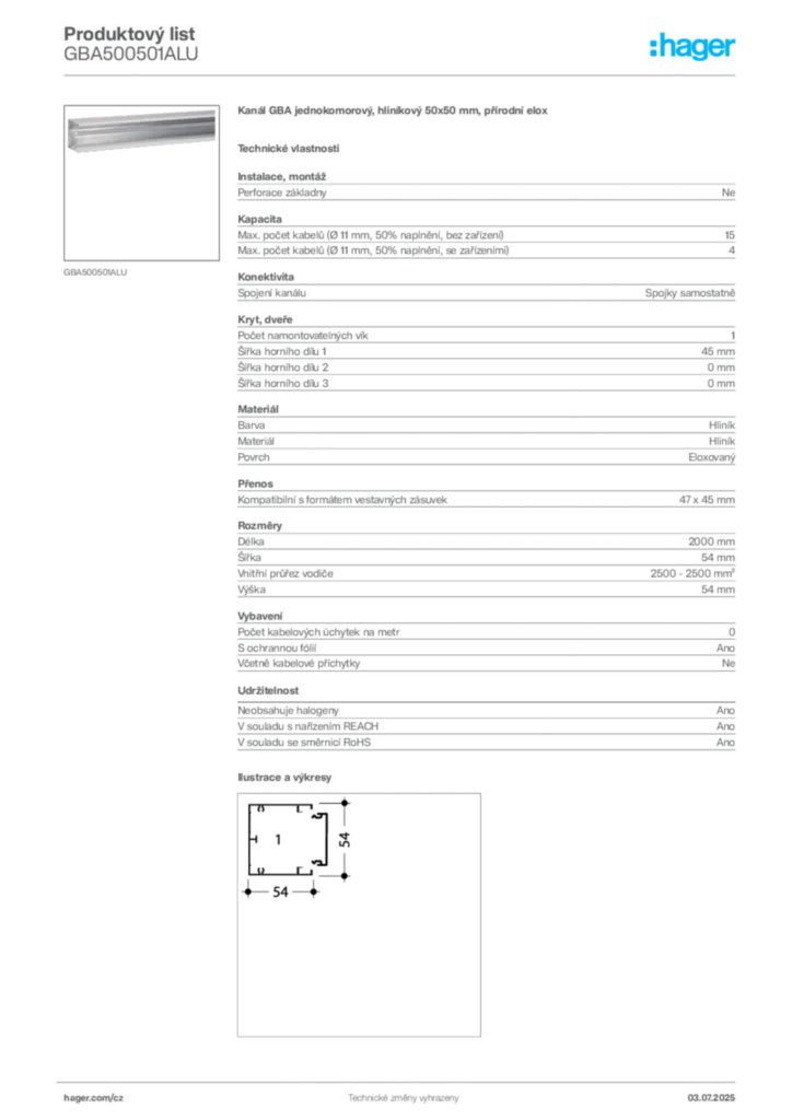 Obrázek Hager Produktový list GBA500501ALU | Hager