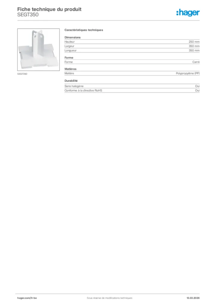 Image Hager Fiche technique du produit SEGT350 | Hager Belgique