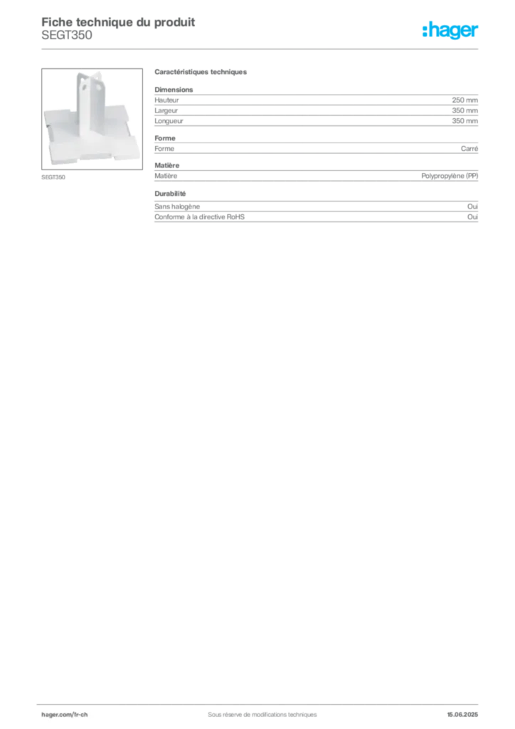 Image Hager Fiche technique du produit SEGT350 | Hager Suisse