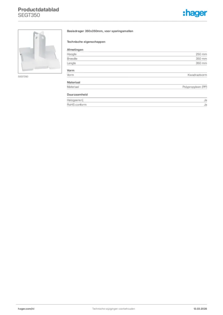 Afbeelding Hager Productdatablad SEGT350 | Hager Nederland