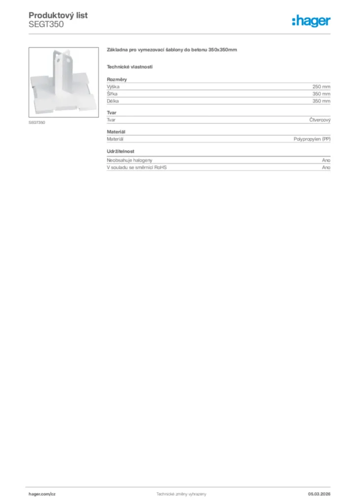 Obrázek Hager Product data sheet SEGT350 | Hager